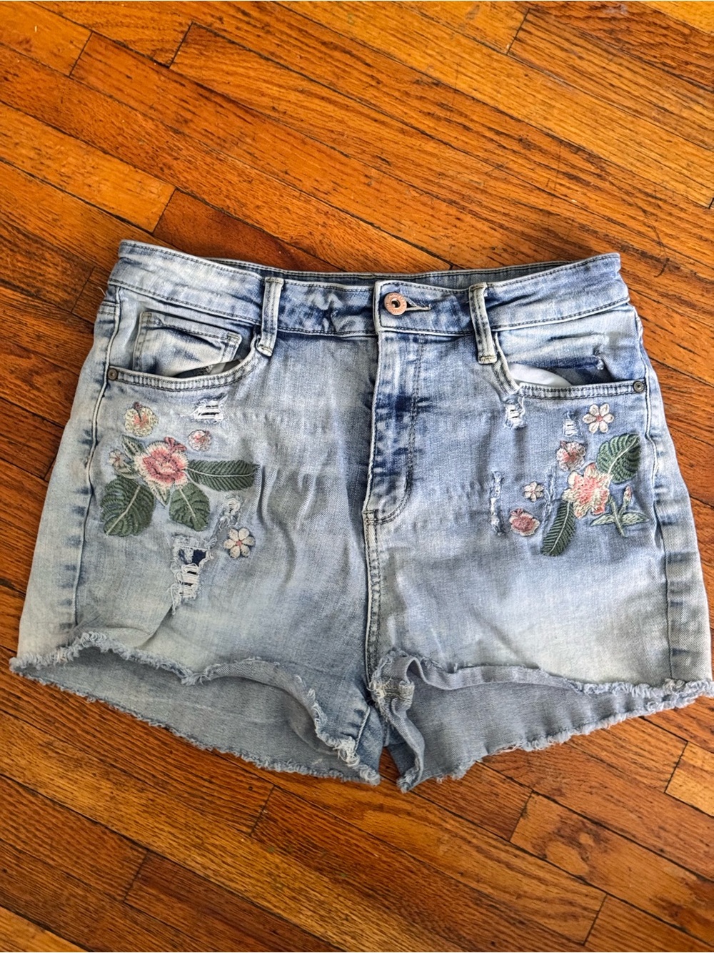 High waisted Light Blue Embroidered Denim Shorts summertime Floral